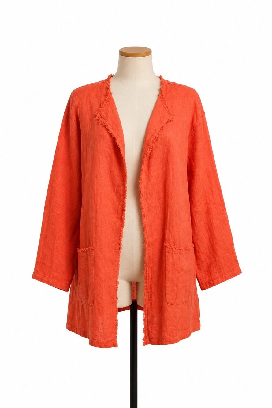 NWT Krisa Women Sz M Open Frayed Trim Cardigan Lightweight Jacket Coral Linen R